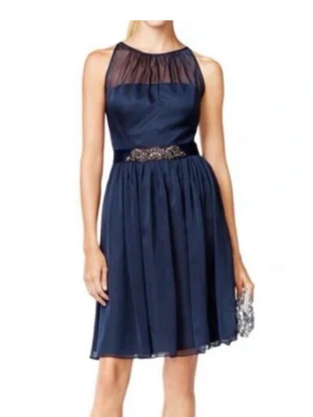 Adrianna Papell Navy Chiffon Dress with Beaded Waist